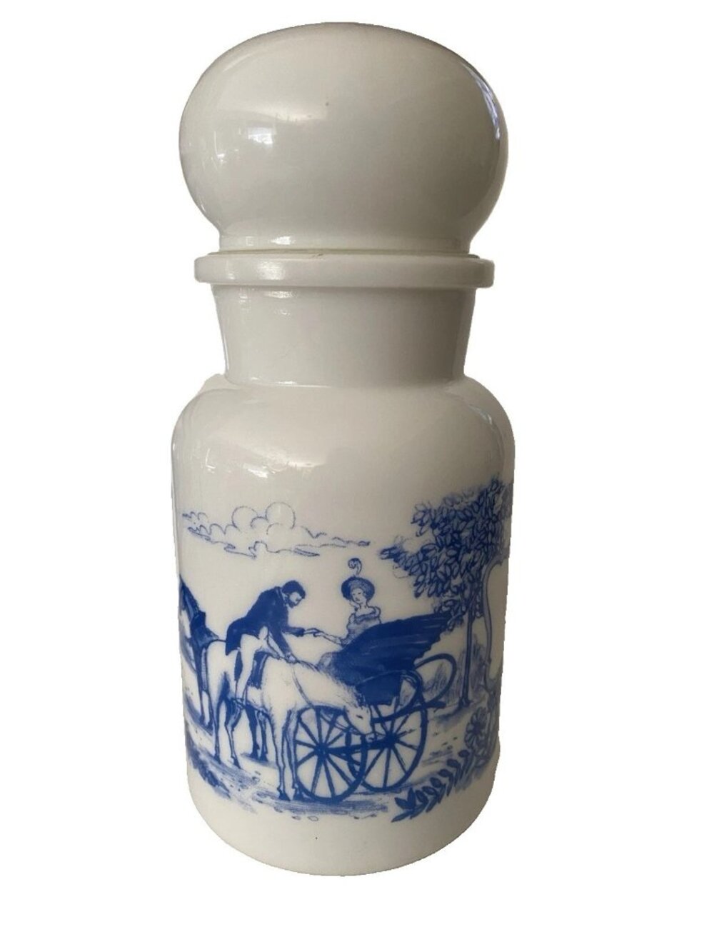 White Milk Glass Apothecary Qt Jar Bubble Lid Victorian Courting Couple Belgium